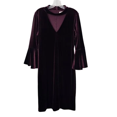 Eliza J Size 14 Burgundy Velvet V Neck Strap 3/4 Bell Sleeve Midi Zip Dress - Image 1 of 4