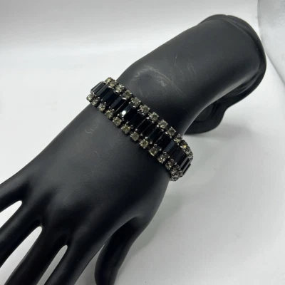 Vintage Tennis Bracelet Black Onyx? Rhinestone CZ Jewelry Stunning Made In Italy - Image 1 of 4