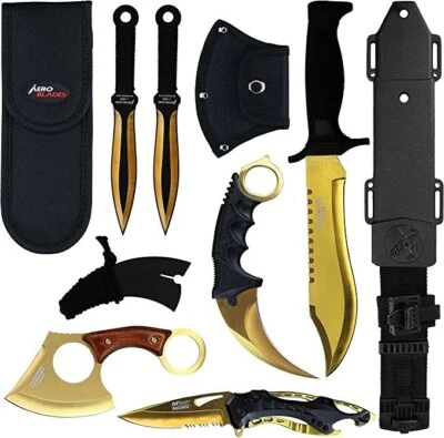Blade Factory 7pc Tactical Black & Gold Set | Fixed Blade Knife | Karambit Hawkb - Image 1 of 4