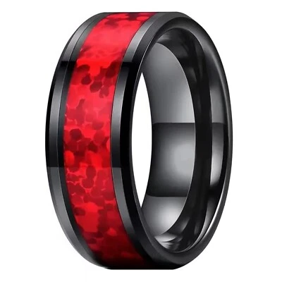 Simulated Ruby Ring Black Stainless Steel Garnet Red Wedding Band Mens Womens - Image 1 of 4