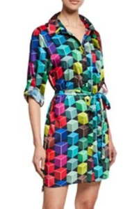 *$325 Milly Women's Medium Button-up 3/4-Sleeve Cube-Print Mini Shirt Dress New - Picture 1 of 5