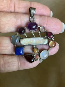 Affinity Multi Gemstone Sterling Silver 925 Round Circle Enhancer Pendant - Picture 1 of 8