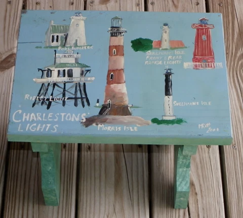 14" Wooden Bench With 6 Hand-Painted Charleston SC Lighthouses-M Ritt-2001 Cover