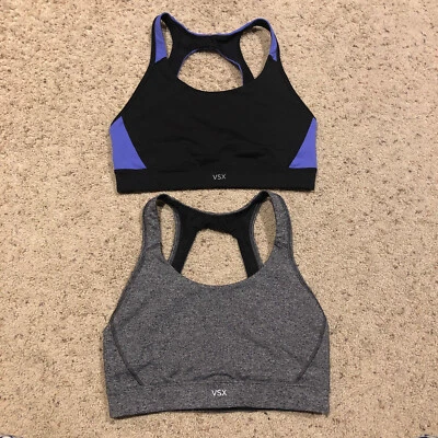 LOT 2 VICTORIA SECRET sz M THE PLAYER Sport Bra Heather Gray/Black/Purple Z22 - Image 1 of 4