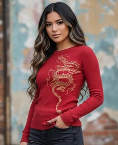 Top térmico vintage Lucky Brand Dragon Waffle para mujer S rojo Y2K grunge mítico - Imagen 1 de 8