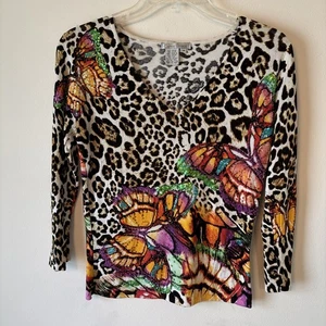 Vintage beaded leopard print up women's size m butterfly sequent stretch knit - Picture 1 of 6