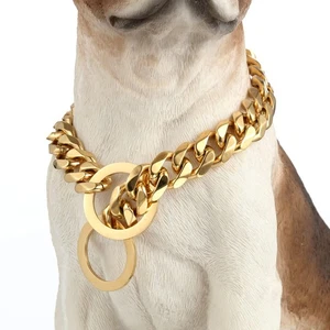 Gold Chain Dog Collar 11/15/19mm Wide Stainless Steel Cuban Link Slip Choker ... - Picture 1 of 5