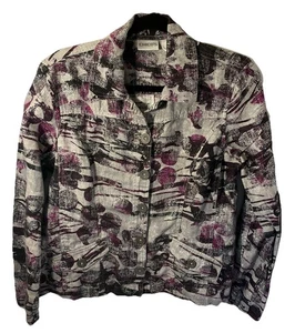 Chico’s 100% Linen Gray/Purple/Silver Jacket 23 Inch Sleeves Button Down Size 1 - Picture 1 of 5