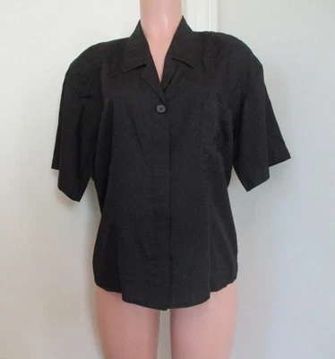 CHRISTIAN DIOR VTG. RAYON BLACK  MONOGRAM POCKET SHORT SLEEVE BLOUSE,  SIZE 12 - Image 1 of 4
