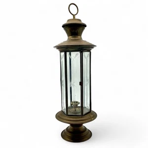 Vintage Brass & Etched Glass Panes Candle Holder Very Tall 21 Inch Lantern - Picture 1 of 9