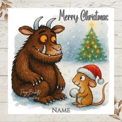 PAIGE BECKETT'S SENTIMENTAL CREATIONS Personalised Festive GRUFFALO & MOUSE CHRISTMAS Greetings Card ANY NAME/NAMES