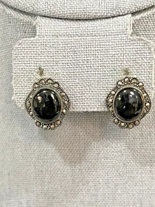 Vintage Sterling Silver 925 Onyx Marcasite Clip On Earrings Oval Shape - Picture 1 of 10