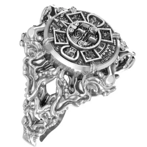 925 Sterling Silver Mayan Calendar Ring for Women Aztec Jewelry - Picture 1 of 7