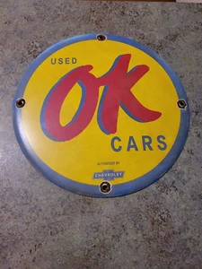 Vintage 11.75" Porcelain Metal Advertising Sign OK USED CARS CHEVROLET - Picture 1 of 7
