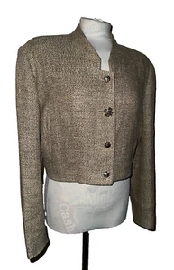 HELMUT LANG JACKET BEIGE FLECK LINEN COLLARLESS LONG CROPPED 1980'S SIZE 10 - Picture 1 of 15