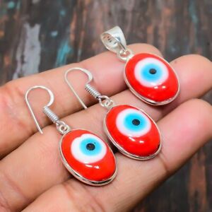 Red Evil Eye Gemstone Handmade Pendant+Earring Jewelry Set l134