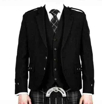 Men's Black Argyle wool Scottish Wedding kilt Jacket With 5 Button vest. - Photo 1/4