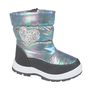 KIDS GIRLS WARM LINED PEWTER SNOW BOOT FASHION GLITTER HEART & INSIDE ZIP - Picture 1 of 1