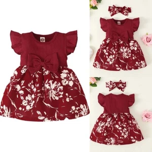 Infant Baby Girl Floral Romper Headband Bow Knot Jumpsuit Kids Clothes Outfit - Picture 1 of 6