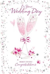 Wedding Day Card - Pink Champagne Glasses and Roses with Glitter 7.75x5.25" - Picture 1 of 1
