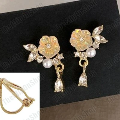 CLIP ON aurora borealis AB LUCITE FLOWER vintage style EARRINGS crystal drop - Image 1 of 3