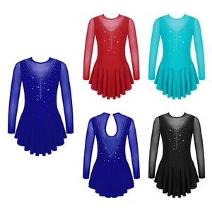 UK Kid Girl Figure Ice Skating Dress Rhinestones Sheer Mesh Ballet Dance Leotard - Picture 1 of 34