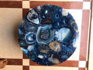 2' White Marble Brazilian Blue Agate Inlay table top Hallway Decorative Art - Picture 1 of 4