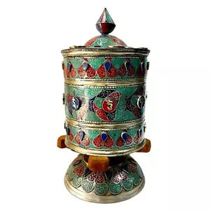 11" Nepal Tibetan Buddhist Spinning Table Prayer Wheel Stand Brass Home Décor - Picture 1 of 4