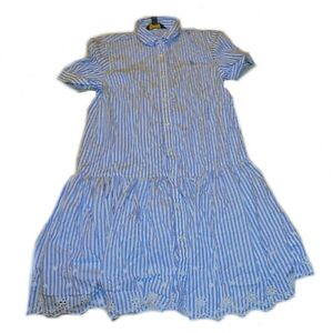 Ralph Lauren Girls Dress Blue and White Stripe Eyelet Ruffled Hem Size 14