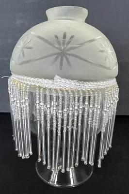 Art Deco Lamp Shade Globe Etched with Hanging Beads 8” Tall Vintage 1950’s Rare - Image 1 of 4