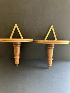 Pair MCM Wood Wall Sconce Shelves Walnut Brass Art Deco Hanger 9x12x4.5” - Picture 1 of 24