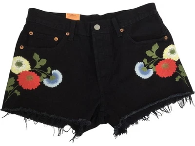 Levi's 501 Floral Embroidered Denim Shorts Black Size 28 - Image 1 of 4