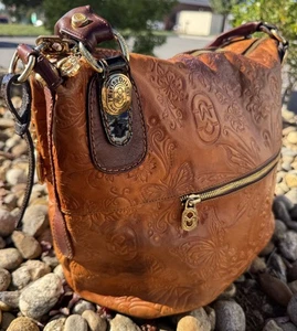 Bolso de Hombro Marino Orlandi Italia Cuero Genuino Grande Marrón con Cremallera en Relieve - Imagen 1 de 13