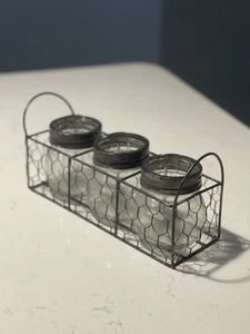 Farmhouse Style 3 Jars With Floral Frog Wire Mesh Lids & Metal Basket - Picture 1 of 6