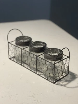 Farmhouse Style 3 Jars With Floral Frog Wire Mesh Lids & Metal Basket - Image 1 of 4