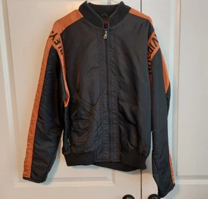 Harley Davidson Shield Jacket Mens Medium M Black Orange Sleeve Nylon Jacket - Foto 1 di 7