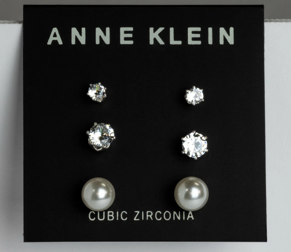 Anne Klein Trio Silver-Tone Crystal & Pearl Stud Earrings - Image 1 of 1