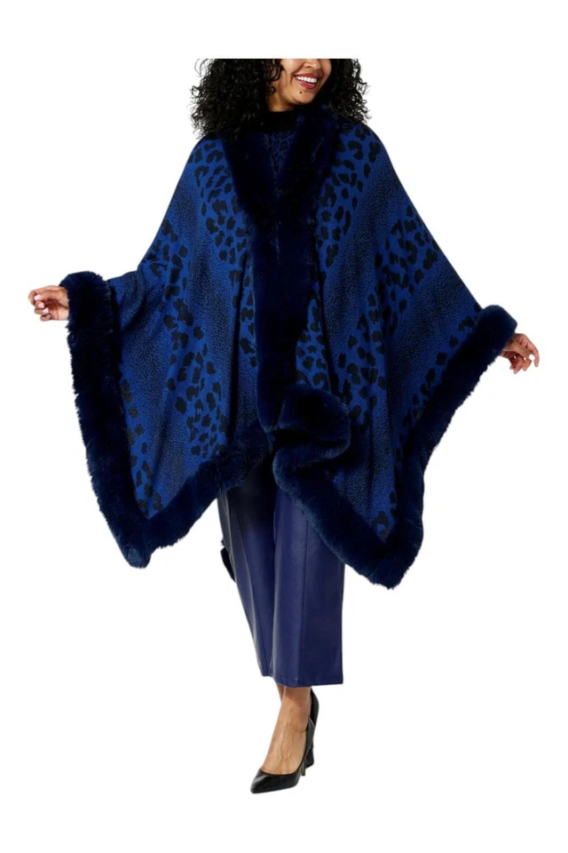 kathy ireland Women's Fashion360 Skies FauxFur Trim Cape Navy Combo - Image 1 of 1