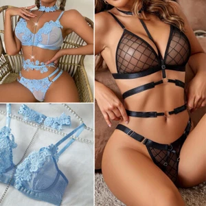 4pcs/Set Floral Lace Sheer Sexy Lingerie Set Bra Panty And Waist+Neck Accessory - Picture 1 of 18