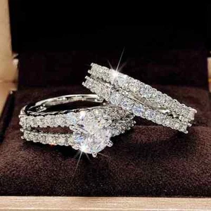 4Ct Round Natural Moissanite Bridal Engagement Ring Set 14K White Gold Plated - Picture 1 of 7