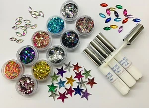 LARGE FESTIVAL FACE/BODY KIT 3 x 20ml GLUE/10 x 10g GLITTER POTS/GEM STARTER SET - Picture 1 of 12