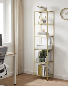 6-Tier Glass Shelf Bookshelf Storage Rack Tempered Glass Metallic Gold - Picture 1 of 10