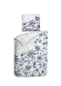Heckett & Lane Satin Bettwäsche 135x200 Asia White Blätter Retro blau Wende - Bild 1 von 5