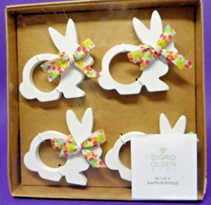 Sigrid Olsen Set of 4 Napkin Rings Wooden Wood Bunnies Rabbits White w/Bow New - Picture 1 of 4