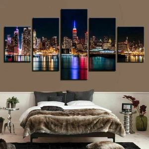 New York City Skyline Night 5 Panel Canvas Print Wall Art Poster Home Decoration - Picture 1 of 4