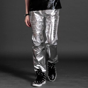 Men Metallic Faux Leather PU Studded Pants Party Nightclub Trousers Wet Look - Picture 1 of 7