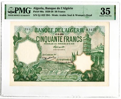 Algeria Banque de l'Algerie 50 Francs 11.6.1936 Pick 80a PMG Choice Very Fine 35 - Image 1 of 2