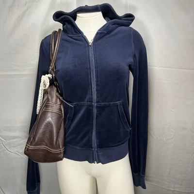 Juicy Couture Velour Zip Up Hoodie Jacket Womens M Navy Blue Y2K Made in the USA - Image 1 of 4