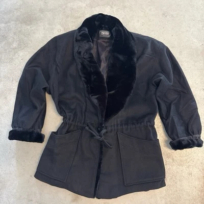 Abrigo largo de piel sintética negro retrato vintage años 90 cuello de piel puño piel talla 8 Foto 1 de 4