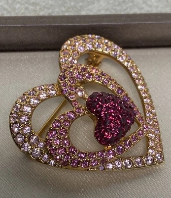 Broche prendedor 3 corazones cristal Swarovski 2005 JOY OF LAUGHTER, rosa y dorado Foto 1 de 4